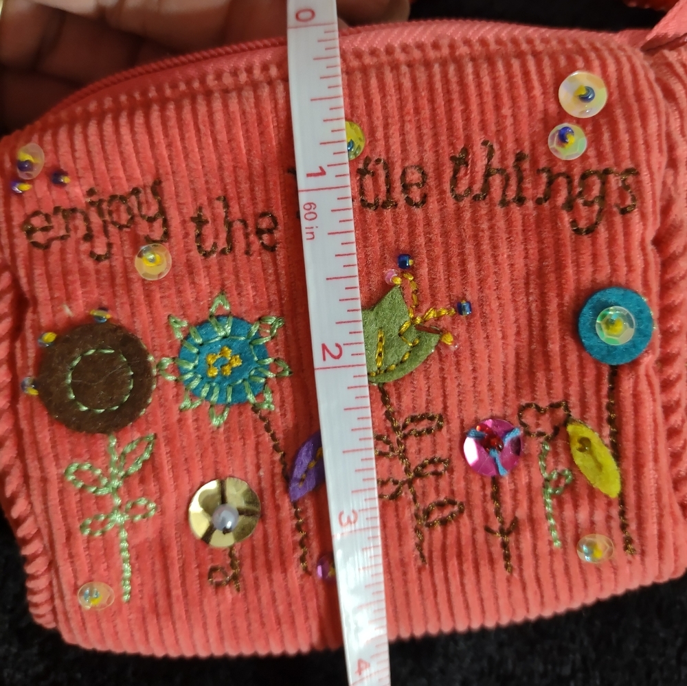 HANDMADE Little Girl's Embroidered & Beaded Coral Corduroy Purse - Picture 9 of 12